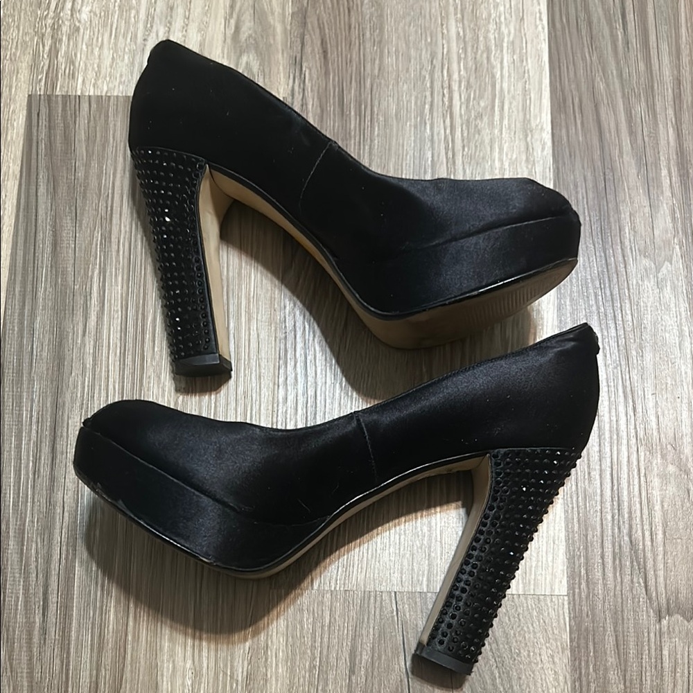 Michael Kors Black Satin Platform Studded Block Heel Pumps - Picture 3 of 10